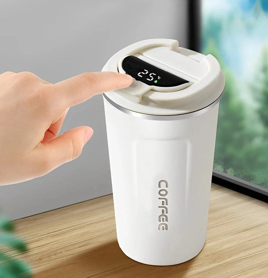Cana termica, Zola, 500 ml, termos din otel inoxidabil si plastic, afisaj LED temperatura, 8.5x16 cm, alb Cana termica, Zola, 500 ml, termos din otel inoxidabil si plastic, afisaj LED temperatura, 8.5x16 cm, alb